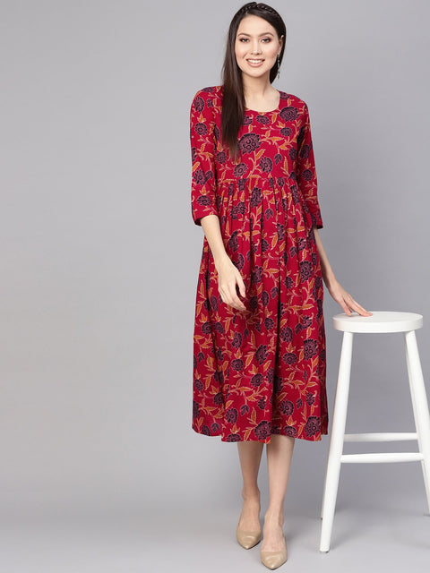 Women Maroon & Black Printed A-Line Dress