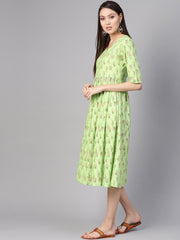Women Green & Pink Printed A-Line Dress
