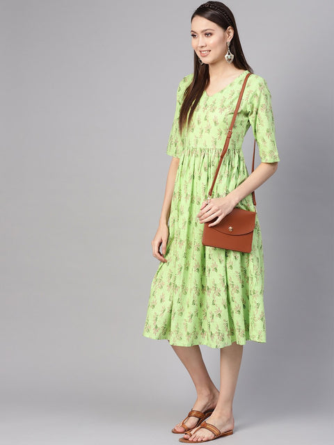 Women Green & Pink Printed A-Line Dress
