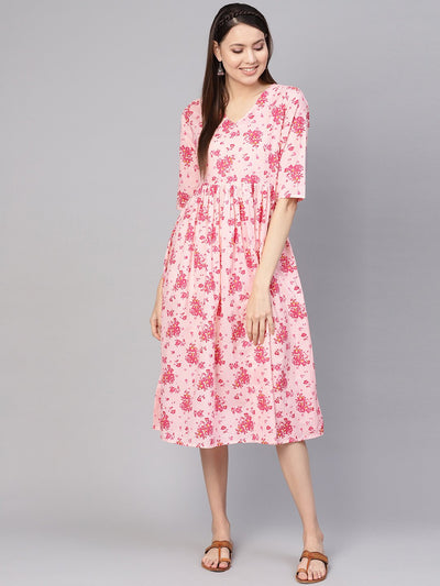 Women Peach-Coloured & Pink Printed A-Line Dress