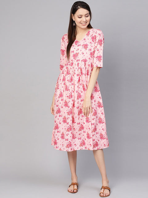 Women Peach-Coloured & Pink Printed A-Line Dress