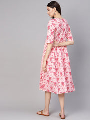 Women Peach-Coloured & Pink Printed A-Line Dress