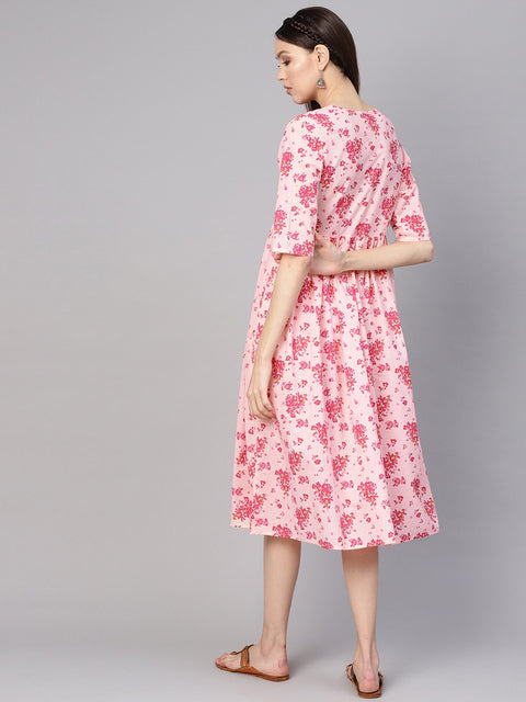 Women Peach-Coloured & Pink Printed A-Line Dress
