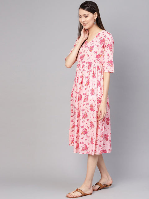 Women Peach-Coloured & Pink Printed A-Line Dress