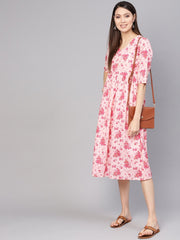 Women Peach-Coloured & Pink Printed A-Line Dress