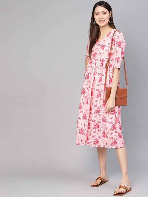 Women Peach-Coloured & Pink Printed A-Line Dress