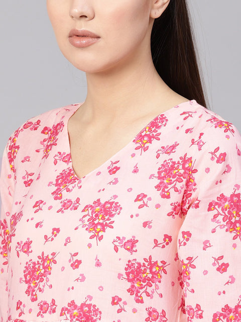 Women Peach-Coloured & Pink Printed A-Line Dress
