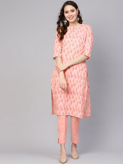 Women Peach-Coloured Printed Kurta with Trousers