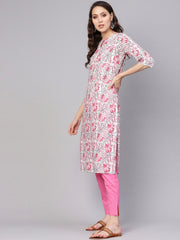 Women White & Pink Printed Kurta with Trousers