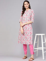 Women White & Pink Printed Kurta with Trousers