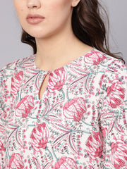 Women White & Pink Printed Kurta with Trousers
