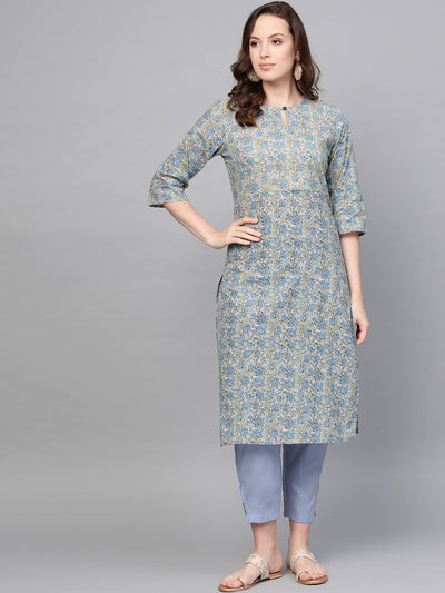 Nayo Women Blue Three-Quarter Sleeves Printed Straight Pure Cotton Kurta with Trouser Set