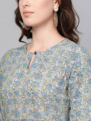 Nayo Women Blue Three-Quarter Sleeves Printed Straight Pure Cotton Kurta with Trouser Set