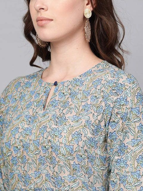 Nayo Women Blue Three-Quarter Sleeves Printed Straight Pure Cotton Kurta with Trouser Set