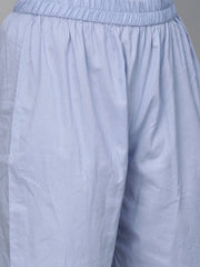 Nayo Women Blue Three-Quarter Sleeves Printed Straight Pure Cotton Kurta with Trouser Set