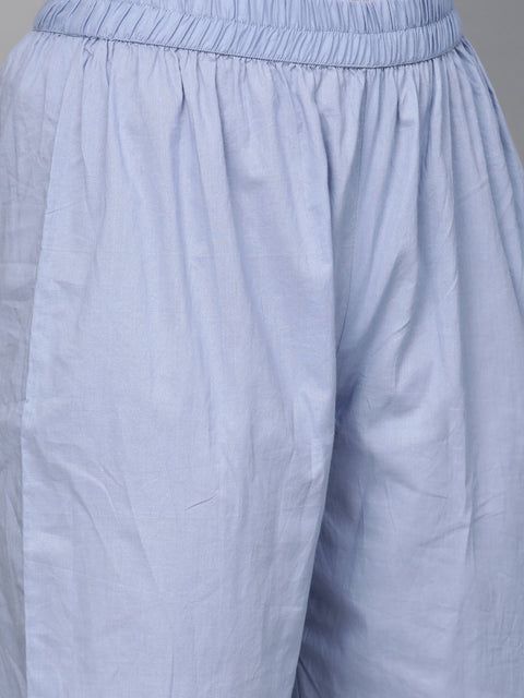 Nayo Women Blue Three-Quarter Sleeves Printed Straight Pure Cotton Kurta with Trouser Set