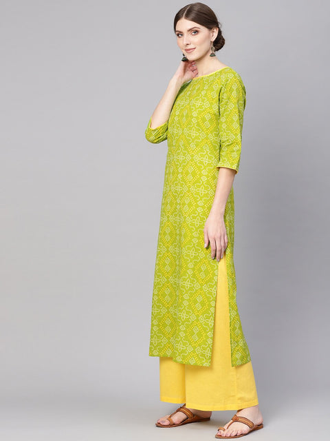 Women Green & Yellow Bandhani Print Kurta with Palazzos