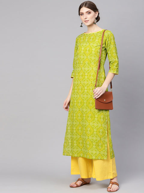 Women Green & Yellow Bandhani Print Kurta with Palazzos