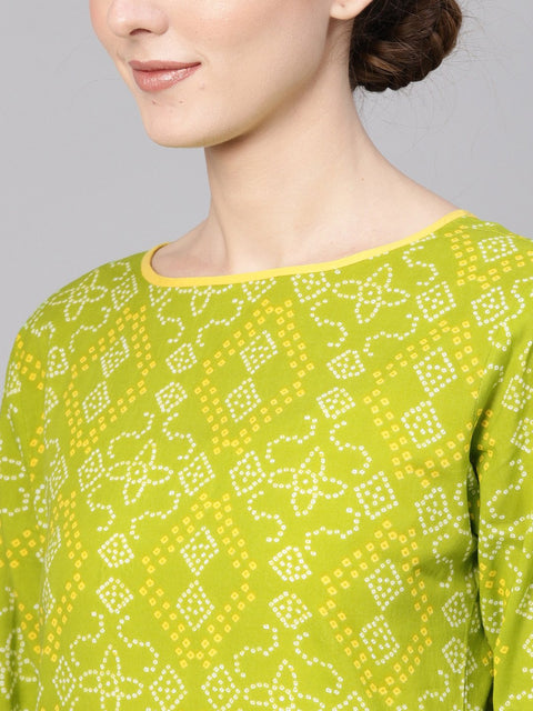 Women Green & Yellow Bandhani Print Kurta with Palazzos
