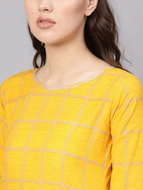 Women Yellow & Beige Checked Kurta with Trousers