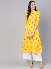 Women Yellow & White Printed Kurta with Palazzos