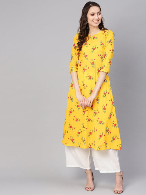 Women Yellow & White Printed Kurta with Palazzos
