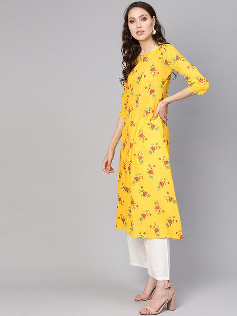 Women Yellow & White Printed Kurta with Palazzos
