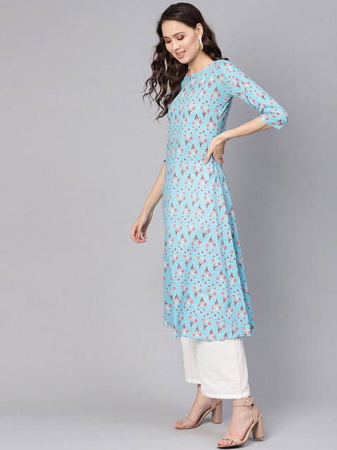 Women Blue & White Printed Kurta with Palazzos