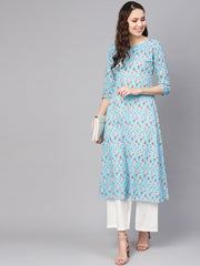 Women Blue & White Printed Kurta with Palazzos