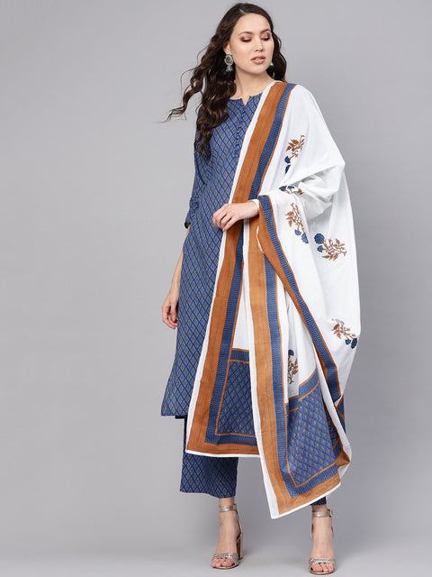 Women Blue & White Printed Kurta with Trousers & Dupatta