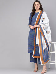 Women Blue & White Printed Kurta with Trousers & Dupatta
