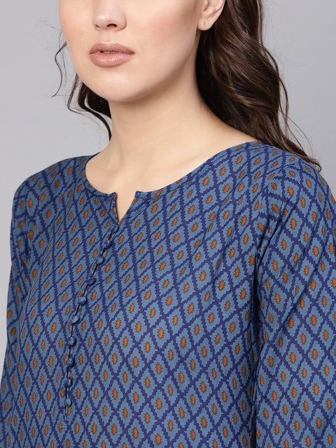 Women Blue & White Printed Kurta with Trousers & Dupatta