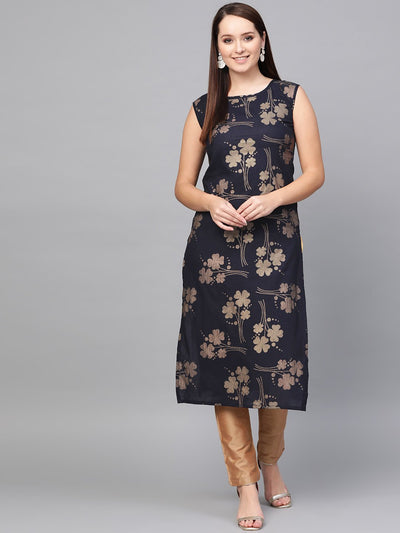 Nayo Black gold printed round neck cotton straight kurta