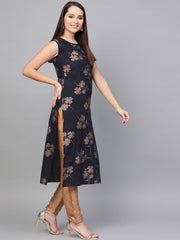 Nayo Black gold printed round neck cotton straight kurta
