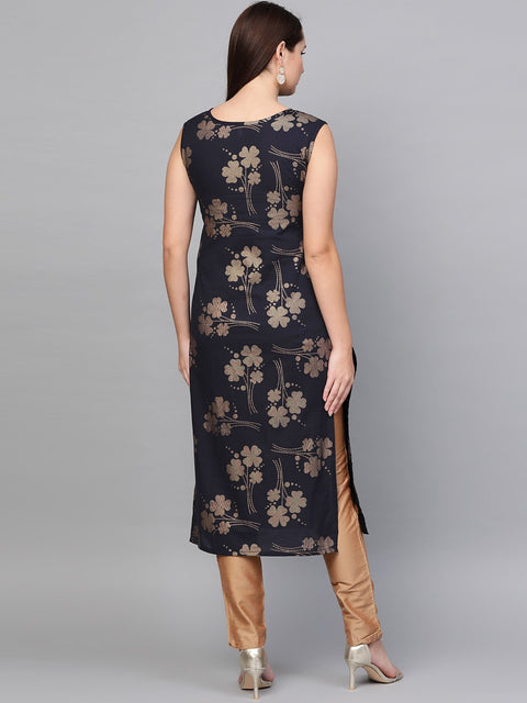 Nayo Black gold printed round neck cotton straight kurta