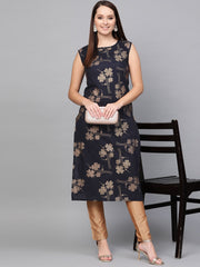 Nayo Black gold printed round neck cotton straight kurta