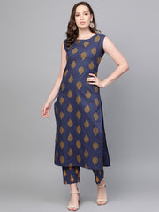 Nayo Women Navy Blue Sleeveless Printed Straight Pure Cotton Kurta with Trouser Set