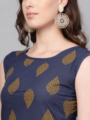 Nayo Women Navy Blue Sleeveless Printed Straight Pure Cotton Kurta with Trouser Set