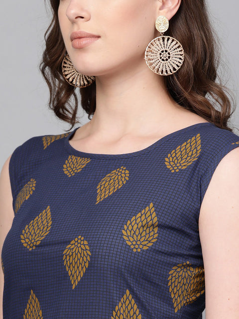 Nayo Women Navy Blue Sleeveless Printed Straight Pure Cotton Kurta with Trouser Set