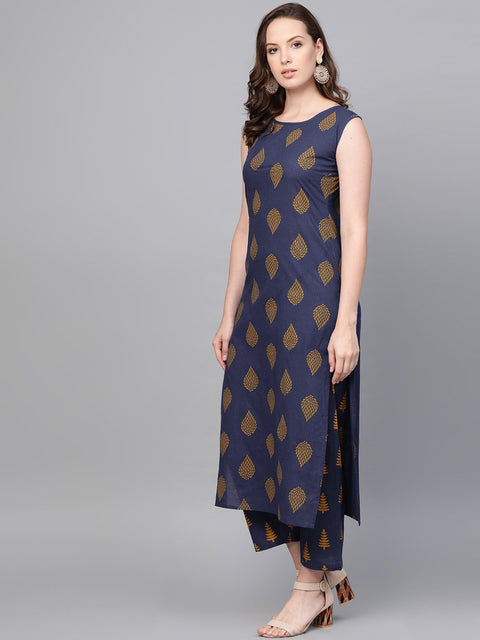 Nayo Women Navy Blue Sleeveless Printed Straight Pure Cotton Kurta with Trouser Set