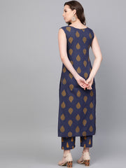 Nayo Women Navy Blue Sleeveless Printed Straight Pure Cotton Kurta with Trouser Set