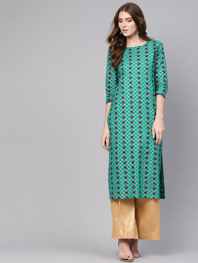 Women Green & Brown Printed Straight Kurta