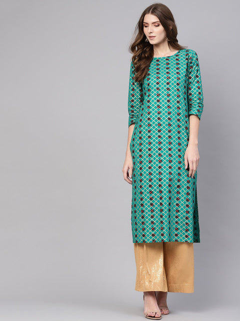 Women Green & Brown Printed Straight Kurta