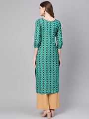 Women Green & Brown Printed Straight Kurta