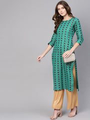 Women Green & Brown Printed Straight Kurta