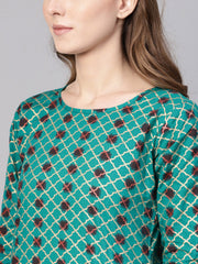 Women Green & Brown Printed Straight Kurta