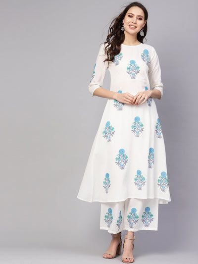 Women White & Blue Printed Kurta with Palazzos