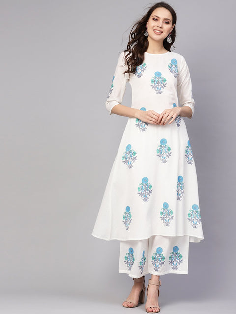 Women White & Blue Printed Kurta with Palazzos