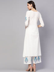 Women White & Blue Printed Kurta with Palazzos