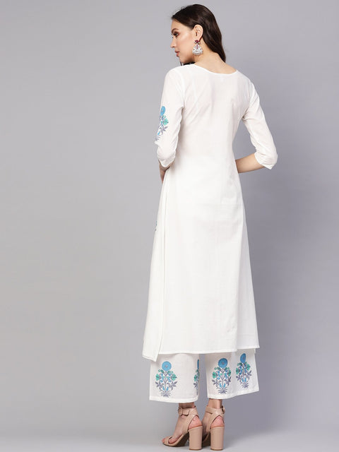 Women White & Blue Printed Kurta with Palazzos